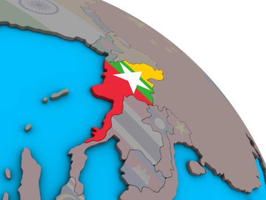 Myanmar basit mavi siyasi 3d dünya üzerinde katıştırılmış ulusal bayrak ile. 3D çizim.