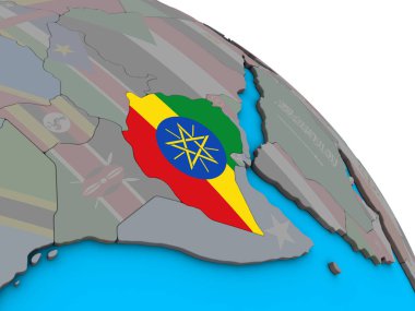 Etiyopya ile basit mavi siyasi 3d dünya üzerinde katıştırılmış ulusal bayrak. 3D çizim.