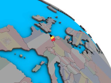Basit mavi siyasi 3d dünya üzerinde katıştırılmış ulusal bayrak Belçika. 3D çizim.