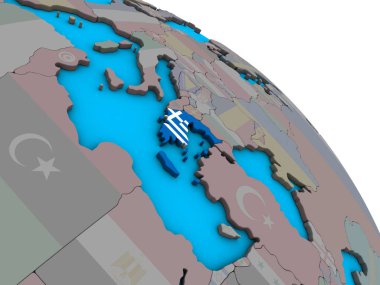 Yunanistan ile basit mavi siyasi 3d dünya üzerinde katıştırılmış ulusal bayrak. 3D çizim.