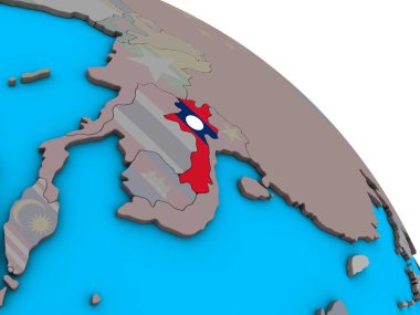 Laos basit mavi siyasi 3d dünya üzerinde katıştırılmış ulusal bayrak ile. 3D çizim.