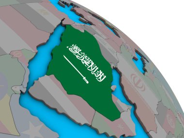 Suudi Arabistan ile basit mavi siyasi 3d dünya üzerinde katıştırılmış ulusal bayrak. 3D çizim.
