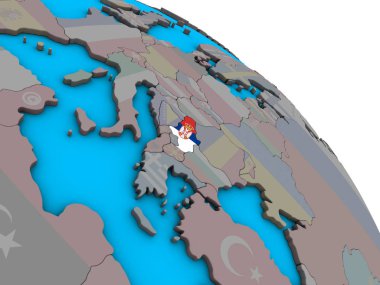 Sırbistan ile basit mavi siyasi 3d dünya üzerinde katıştırılmış ulusal bayrak. 3D çizim.