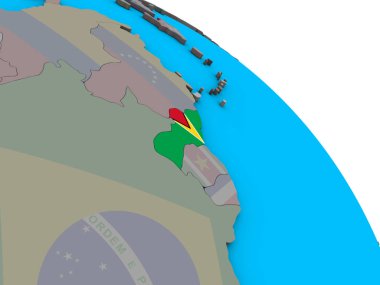 Guyana basit mavi siyasi 3d dünya üzerinde katıştırılmış ulusal bayrak ile. 3D çizim.