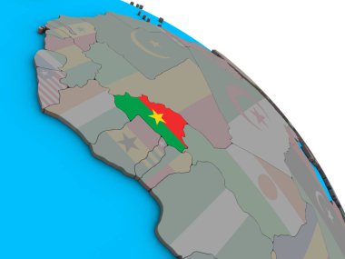 Burkina Faso ile basit mavi siyasi 3d dünya üzerinde katıştırılmış ulusal bayrak. 3D çizim.