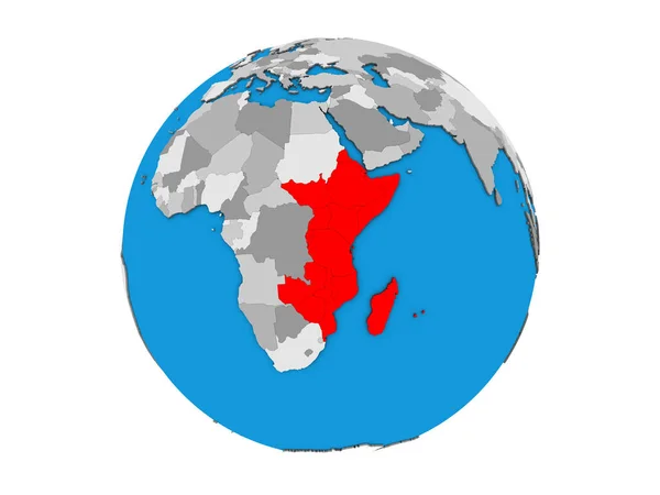 Africa Orientale Sul Globo Blu Politico Illustrazione Isolata Sfondo Bianco — Foto Stock