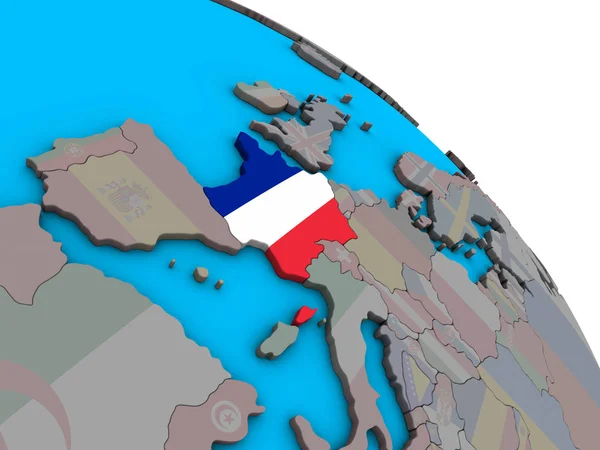 Francja Osadzonych Flagi Narodowej Prosty Niebieski Globus Polityczny Ilustracja — Zdjęcie stockowe