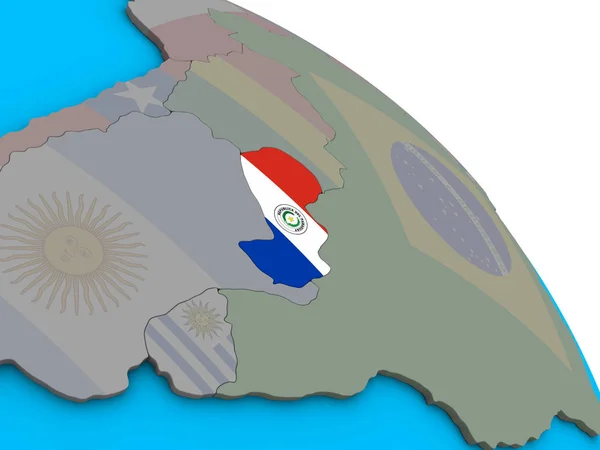 Paraguay Vloženými Státní Vlajka Jednoduché Modré Politické Glóbu Obrázek — Stock fotografie