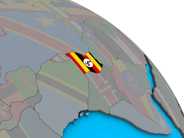 Oeganda Met Ingesloten Nationale Vlag Eenvoudige Blauwe Politieke Globe Illustratie — Stockfoto