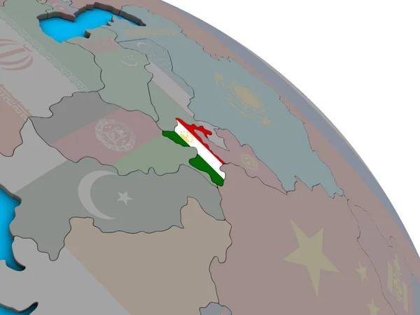 Tadschikistan Mit Eingebetteter Nationalflagge Auf Einem Einfachen Blauen Politischen Globus — Stockfoto