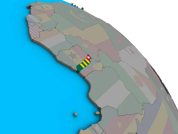 Togo Basit Mavi Siyasi Dünya Üzerinde Katıştırılmış Ulusal Bayrak Ile — Stok fotoğraf