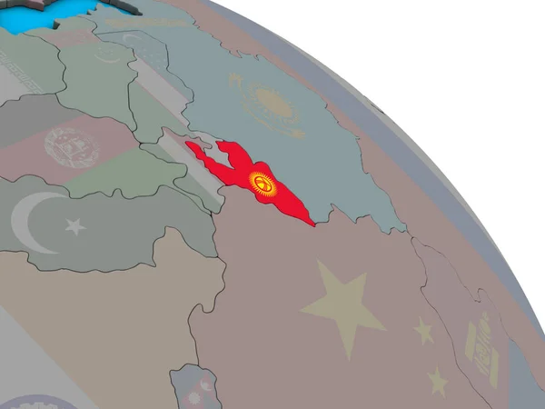 Kyrgyzstan Mit Eingebetteter Nationalflagge Auf Einem Einfachen Blauen Politischen Globus — Stockfoto