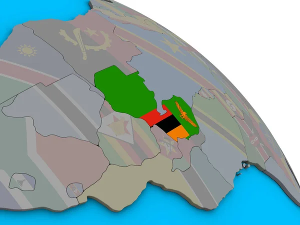 赞比亚在简单的蓝色政治3D 地球上嵌入国旗 — 图库照片