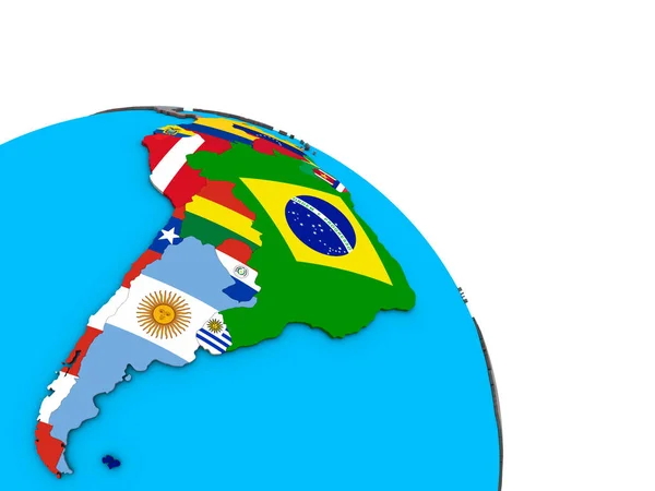 Sudamérica Con Banderas Nacionales Incrustadas Simple Globo Político Azul Ilustración — Foto de Stock