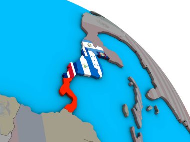 Basit mavi siyasi 3d dünya üzerinde katıştırılmış ülke bayrakları ile Orta Amerika. 3D çizim.