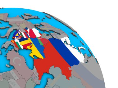 Basit mavi siyasi 3d dünya üzerinde katıştırılmış ülke bayrakları ile Doğu Avrupa. 3D çizim.