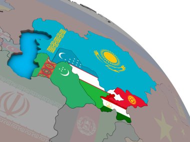 Basit mavi siyasi 3d dünya üzerinde katıştırılmış ülke bayrakları ile Orta Asya. 3D çizim.