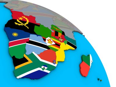 Basit mavi siyasi 3d dünya üzerinde katıştırılmış ülke bayrakları ile Güney Afrika. 3D çizim.