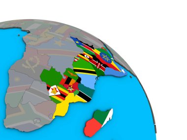 Basit mavi siyasi 3d dünya üzerinde katıştırılmış ülke bayrakları ile Doğu Afrika. 3D çizim.