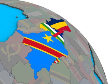 Orta Afrika basit mavi siyasi 3d dünya üzerinde katıştırılmış ülke bayrakları ile. 3D çizim.
