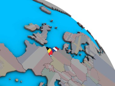 Benelux Birliği basit mavi siyasi 3d dünya üzerinde katıştırılmış ülke bayrakları ile. 3D çizim.