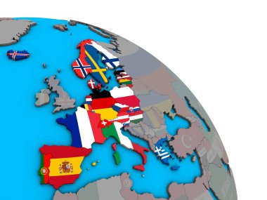 Schengen alanı üyeleri basit mavi siyasi 3d dünya üzerinde katıştırılmış ülke bayrakları ile. 3D çizim.