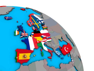 Basit mavi siyasi 3d dünya üzerinde katıştırılmış ülke bayrakları ile OECD Avrupa ülkeleri. 3D çizim.