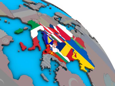 CEI ülkeler basit mavi siyasi 3d dünya üzerinde katıştırılmış ülke bayrakları ile. 3D çizim.