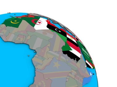 Arap Birliği basit mavi siyasi 3d dünya üzerinde katıştırılmış ülke bayrakları ile. 3D çizim.