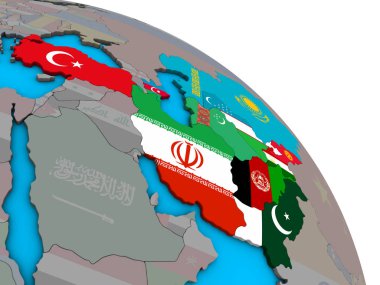 Eko üye devletler basit mavi siyasi 3d dünya üzerinde katıştırılmış ülke bayrakları ile. 3D çizim.