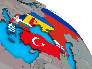 Kei ülkeleri basit mavi siyasi 3d dünya üzerinde katıştırılmış ülke bayrakları ile. 3D çizim.