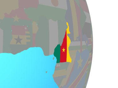 Kamerun Ulusal bayrağını basit siyasi dünya ile. 3D çizim.