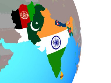 Güney Asya basit siyasi dünya Ulusal bayrakları ile. 3D çizim.