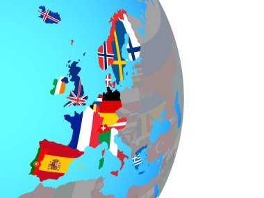 Batı Avrupa ile basit siyasi dünya Ulusal bayrakları. 3D çizim.