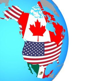 NAFTA ülkeleri basit siyasi dünya Ulusal bayrakları ile. 3D çizim.
