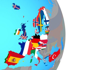 Basit siyasi dünya Ulusal bayrakları ile OECD Avrupa ülkeleri. 3D çizim.