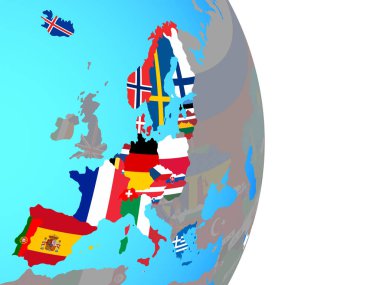 Schengen alanı üyeleri basit siyasi dünya Ulusal bayrakları ile. 3D çizim.