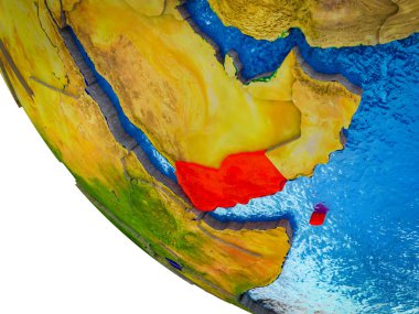 Yemen ile ülke sınırları ve mavi okyanus dalgaları ile Dünya'nın modeli. 3D çizim.