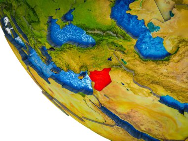 Suriye ile ülke sınırları ve mavi okyanus dalgaları ile Dünya'nın modeli. 3D çizim.