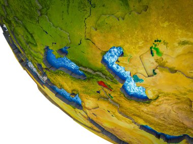 Ermenistan ile ülke sınırları ve mavi okyanus dalgaları ile Dünya'nın modeli. 3D çizim.