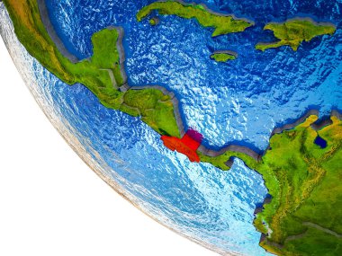 Kosta Rika ülke sınırları ve mavi okyanus dalgaları ile Dünya'nın model üzerinde. 3D çizim.