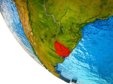 Uruguay ile ülke sınırları ve mavi okyanus dalgaları ile Dünya'nın modeli. 3D çizim.