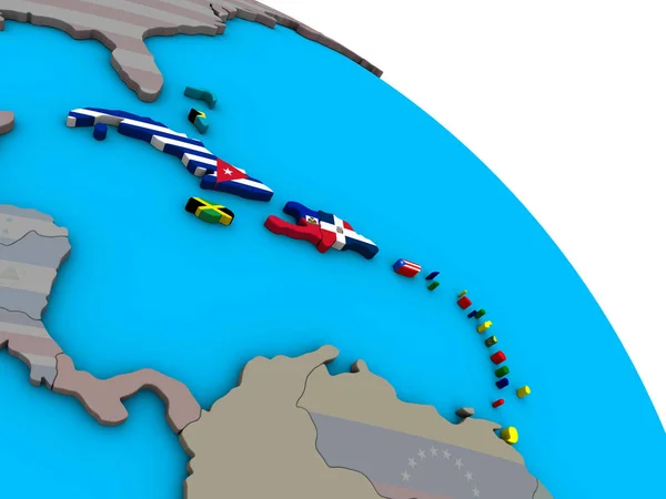 Caribisch Gebied Met Ingesloten Nationale Vlaggen Eenvoudige Blauwe Politieke Globe — Stockfoto