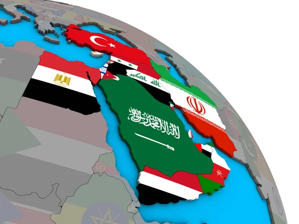 Medio Oriente Con Bandiere Nazionali Incorporate Semplice Globo Politico Blu — Foto Stock