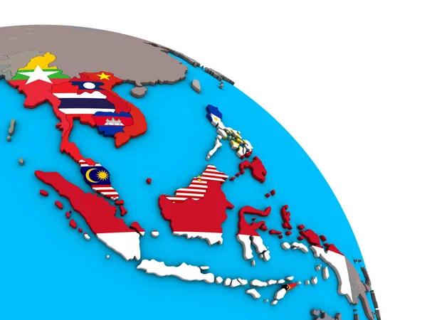Azji Południowo Wschodniej Osadzonych Flagi Narodowe Prosty Niebieski Globus Polityczny — Zdjęcie stockowe