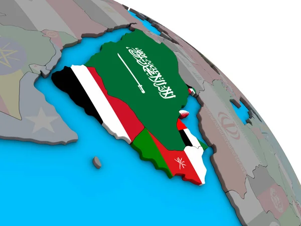 Arabiens Mit Eingebetteten Nationalflaggen Auf Einem Einfachen Blauen Politischen Globus — Stockfoto