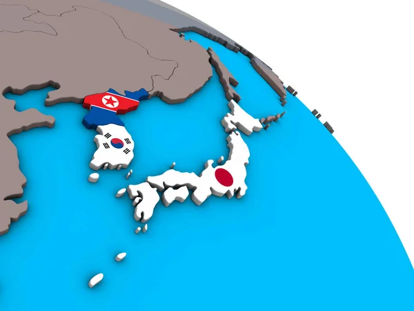 シンプルな青い政治 地球儀に埋め込まれた国旗と日韓3 イラストレーション — ストック写真