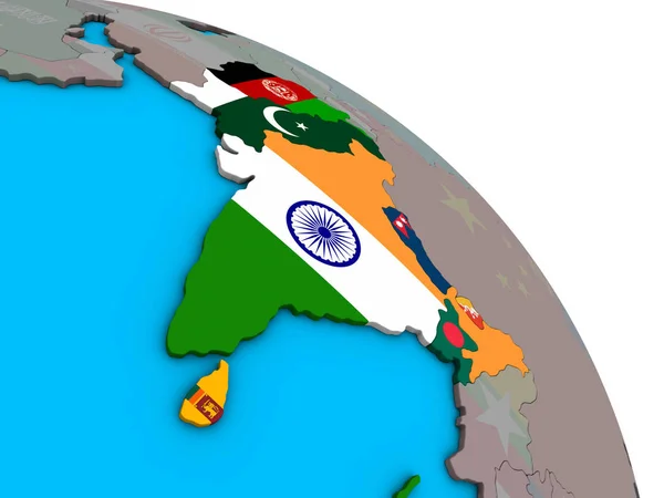 Sydasien Med Inbäddade Nationsflaggor Enkla Blå Politiska Klot Illustration — Stockfoto