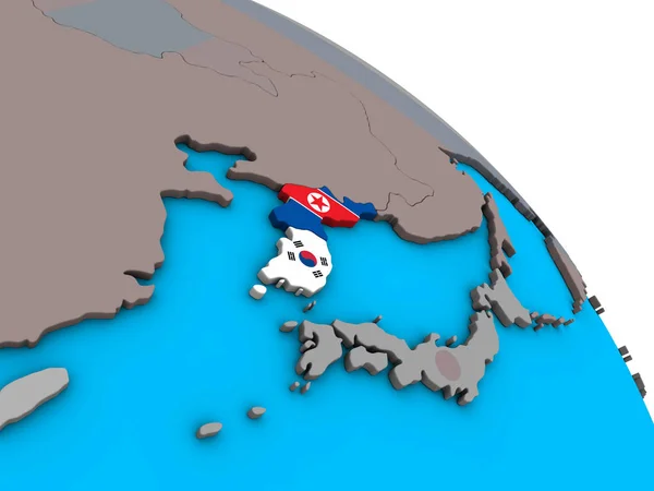 Kore Basit Mavi Siyasi Dünya Üzerinde Katıştırılmış Ülke Bayrakları Ile — Stok fotoğraf