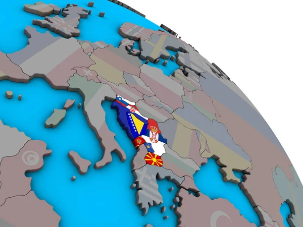 Jugoszlávia Beágyazott Nemzeti Zászlókkal Egyszerű Kék Politikai Földgömb Illusztráció — Stock Fotó
